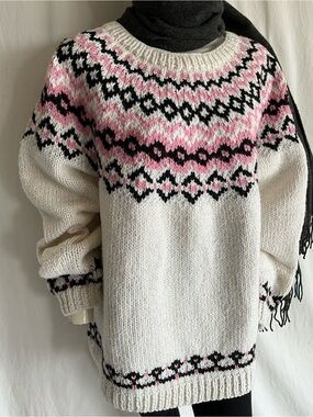 Hand Knit Fair Isle Sweater Oversized Pink Black Ivory Nordic Wool Look